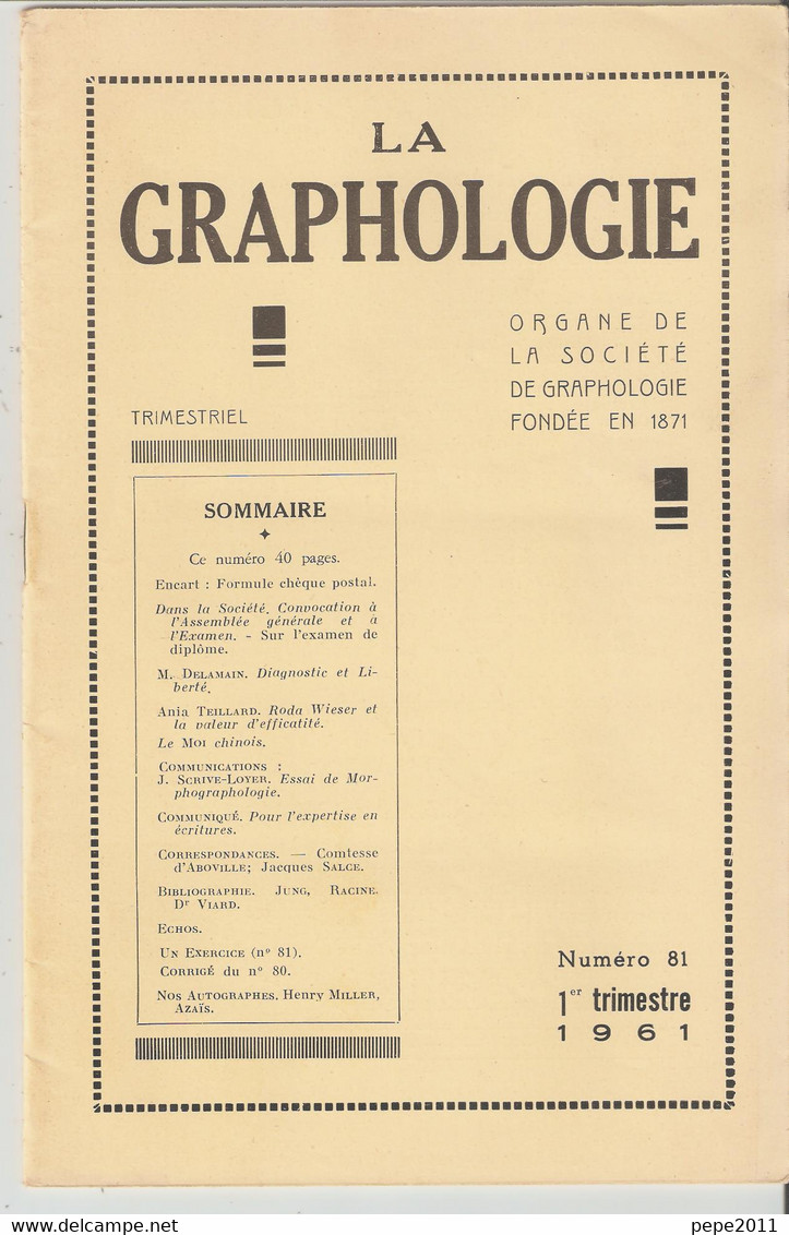 Revue LA GRAPHOLOGIE N° 81 - 1er Trimestre 1961 - Scienze