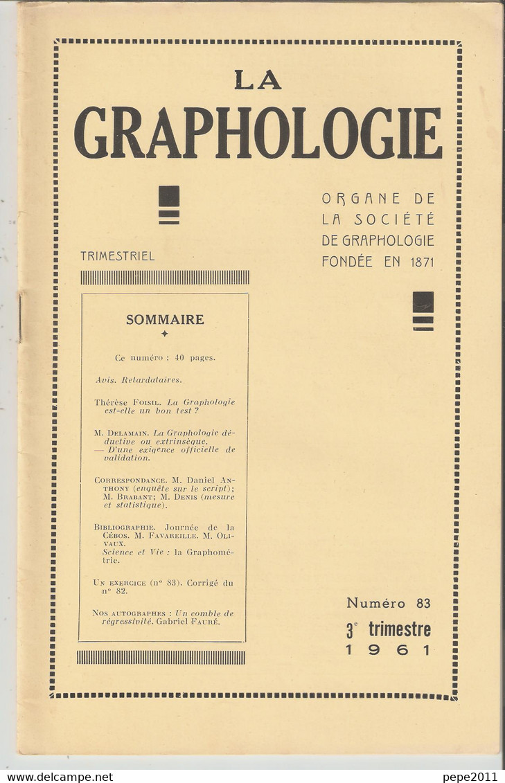 Revue LA GRAPHOLOGIE N° 83 - 3ème Trimestre 1961 - Ciencia