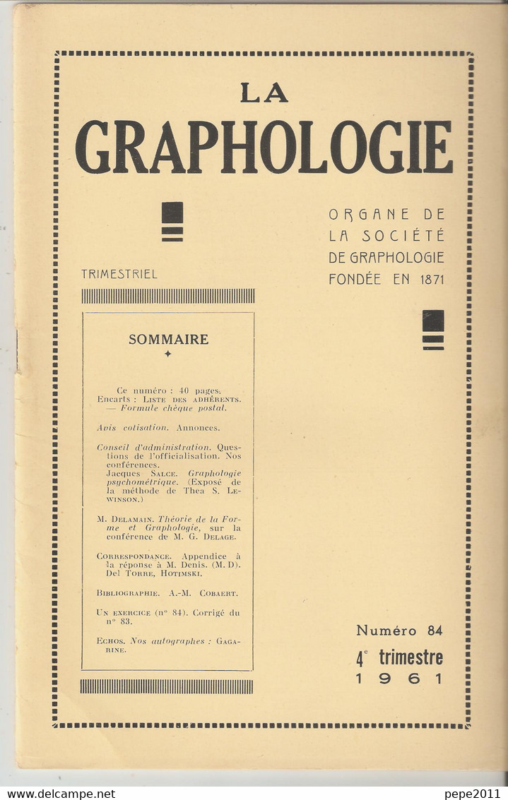 Revue LA GRAPHOLOGIE N° 84 - 4ème Trimestre 1961 - Science
