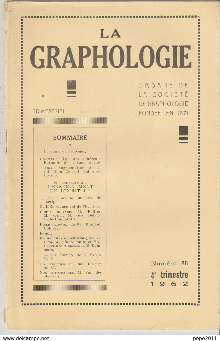 Revue LA GRAPHOLOGIE N° 88 - 4ème Trimestre 1962 - Wissenschaft