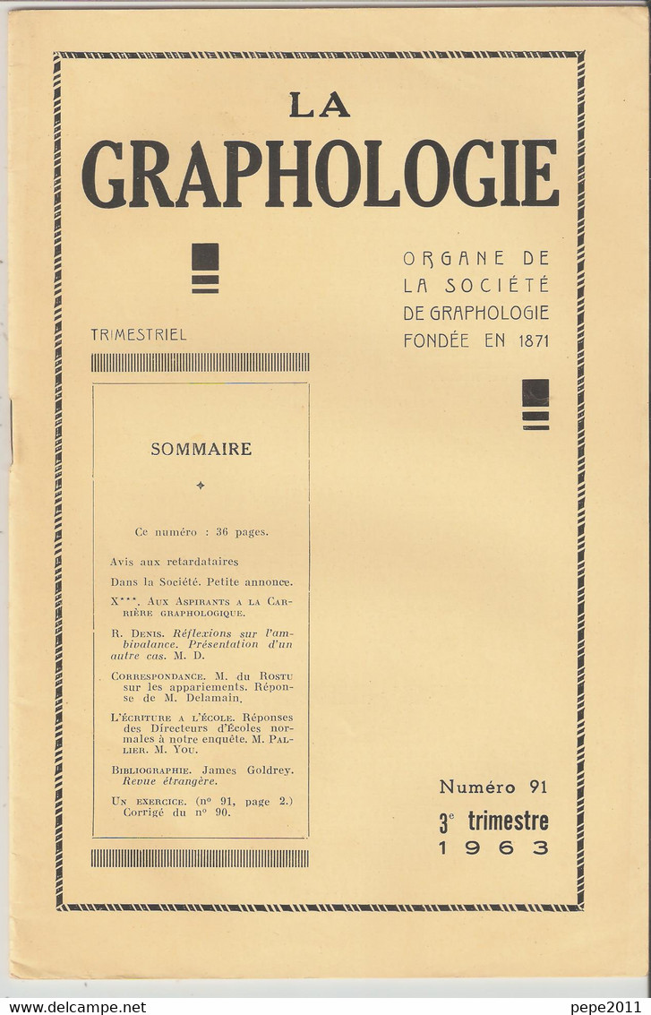 Revue LA GRAPHOLOGIE N° 91 - 3ème Trimestre 1963 - Wetenschap