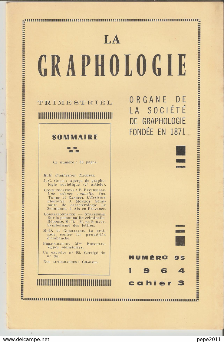 Revue LA GRAPHOLOGIE N° 95 - Cahier 3 1964 - Scienze