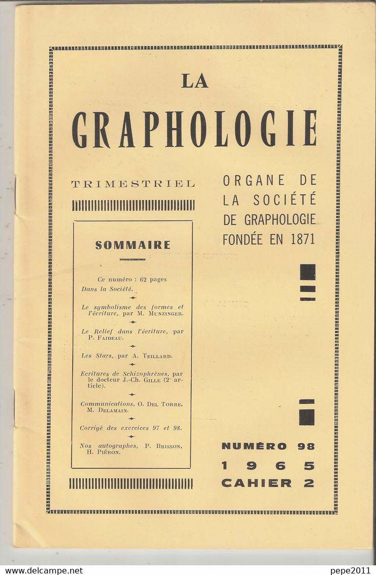 Revue LA GRAPHOLOGIE N° 98 - Cahier 2 1965 - Ciencia