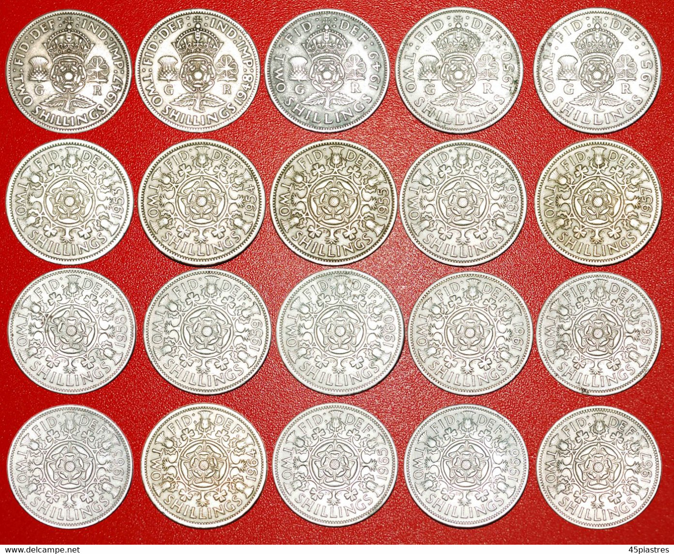 • COMPLETE SET 20 COINS: UNITED KINGDOM ★ 2 SHILLINGS FLORIN 1947-1967! LOW START ★ NO RESERVE! - Sammlungen