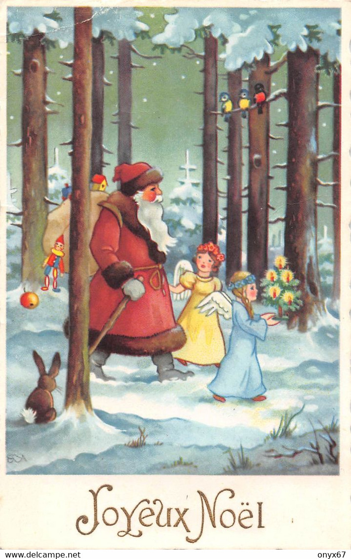 Carte Postale Fantaisie De NOËL - PERE  NOËL En Forêt Avec Anges Et Lapin - Santa Claus