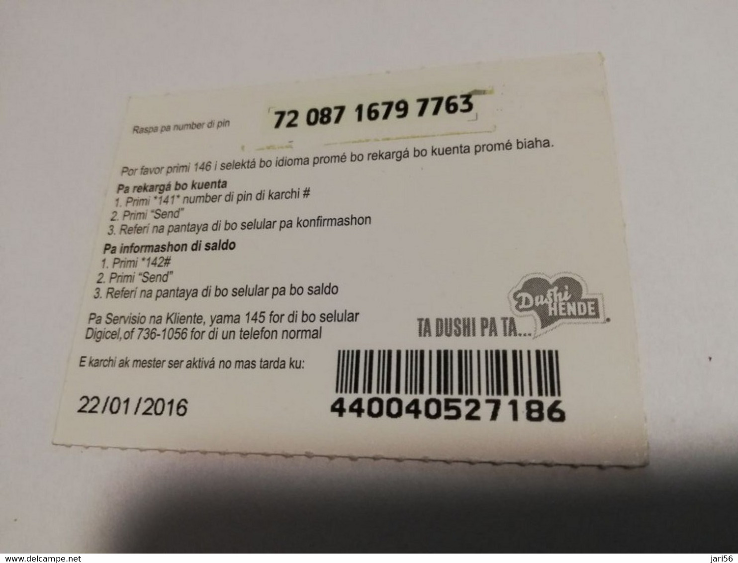 CURACAO NAF 5,- DIGICEL FLEX CARD  FLOATING MARKET CURACAO   22/01/2016   ** 4263** - Antilles (Neérlandaises)