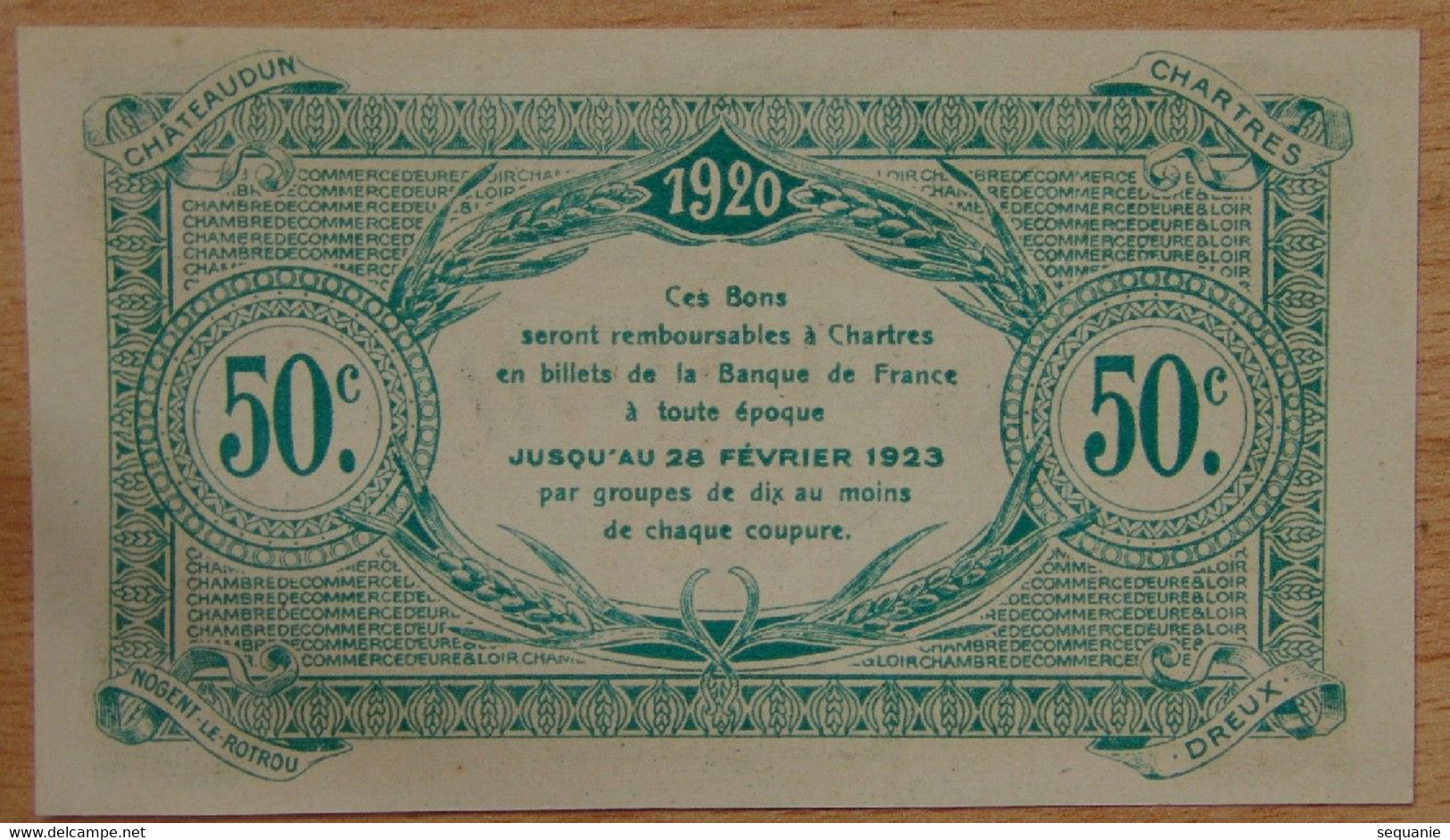Chartres ( 28 Eure Et Loir) 50 Centimes Chambre De Commerce Mars 1920 - Cámara De Comercio