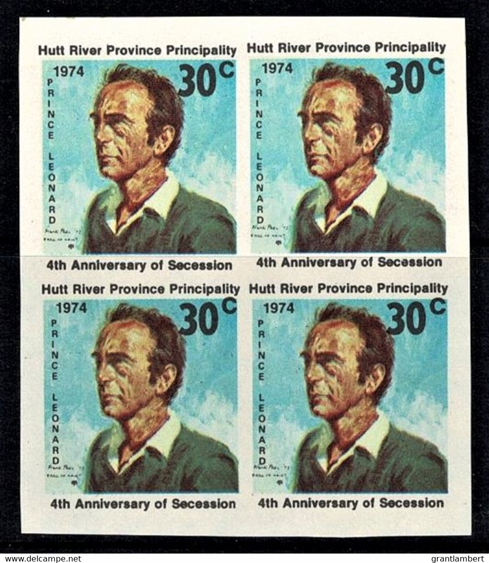 Hutt River Province 1974 4th Anniversary Of Secession - Prince Leonard Imperforate 30c Block Of 4 MNH - Cinderellas