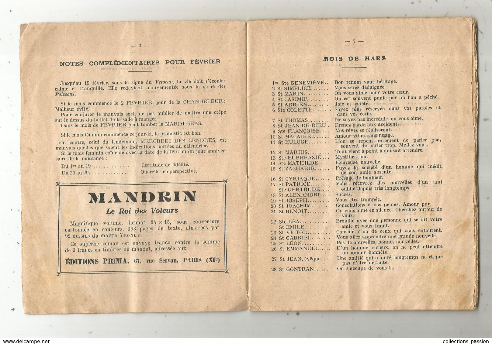 LES MOIS FEMININS , Présage Pour Chacun Des 365 Jours De L'année ,30 Pages , Sans Couverture ,  7 Scans, Frais Fr 2.45 € - Esoterismo