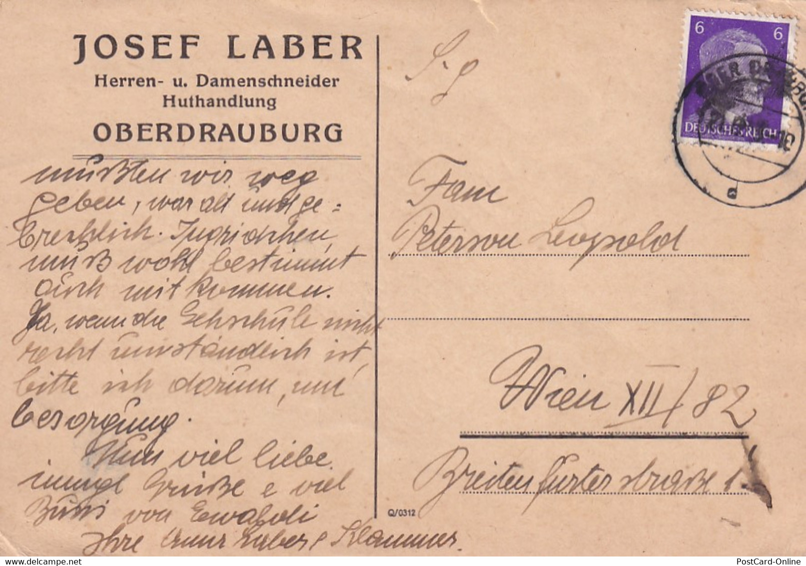 3308 - Österreich - Oberdrauburg , Josef Laber Herren U. Damenschneider , Huthandlung - Gelaufen 1943 - Oberdrauburg