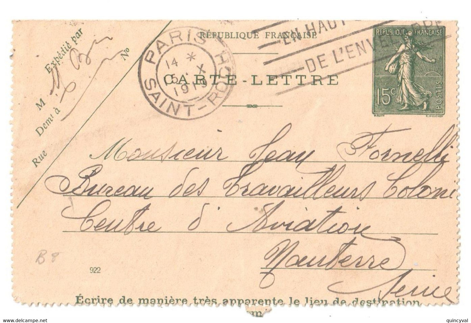 PARIS St Roch Carte Lettre Entier Postal 15c Semeuse Lignée Mill 922 Storch B5 Yv 130-CL7 Ob 5 10 1919 - Kaartbrieven