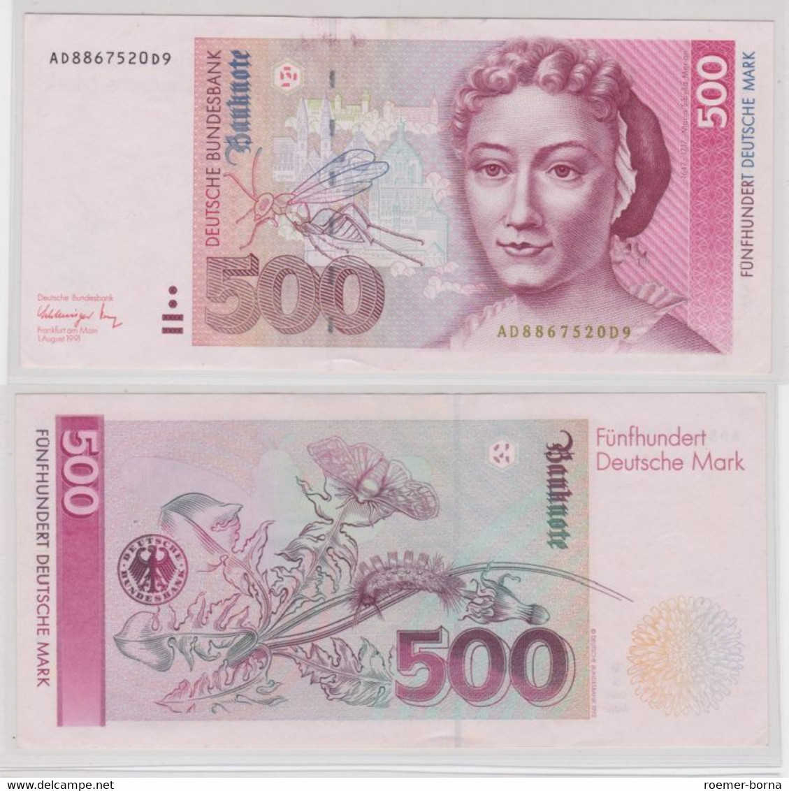 T140673 Banknote 500 DM Deutsche Mark Ro. 301a Schein 1.8.1991 KN AD 8867520 D9 - 500 DM