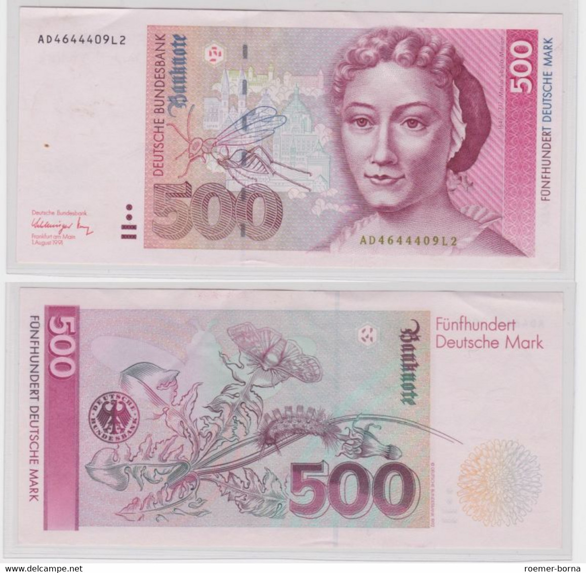 T144249 Banknote 500 DM Deutsche Mark Ro. 301a Schein 1.8.1991 KN AD 4644409 L2 - 500 DM