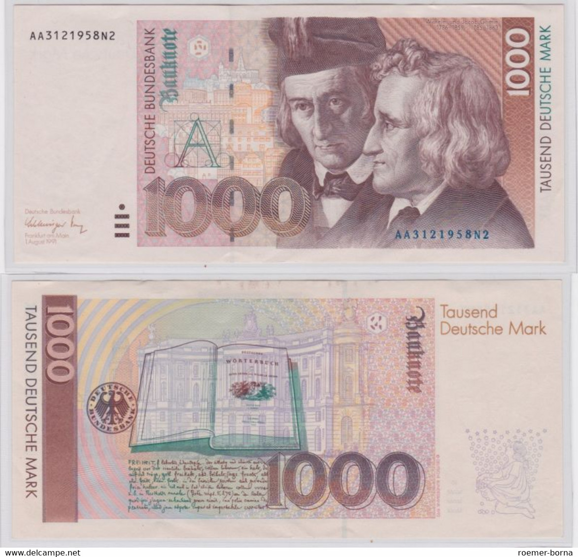 T144259 Banknote 1000 DM Deutsche Mark Ro. 302a Schein 1.8.1991 KN AA 3121958 N2 - 1.000 DM