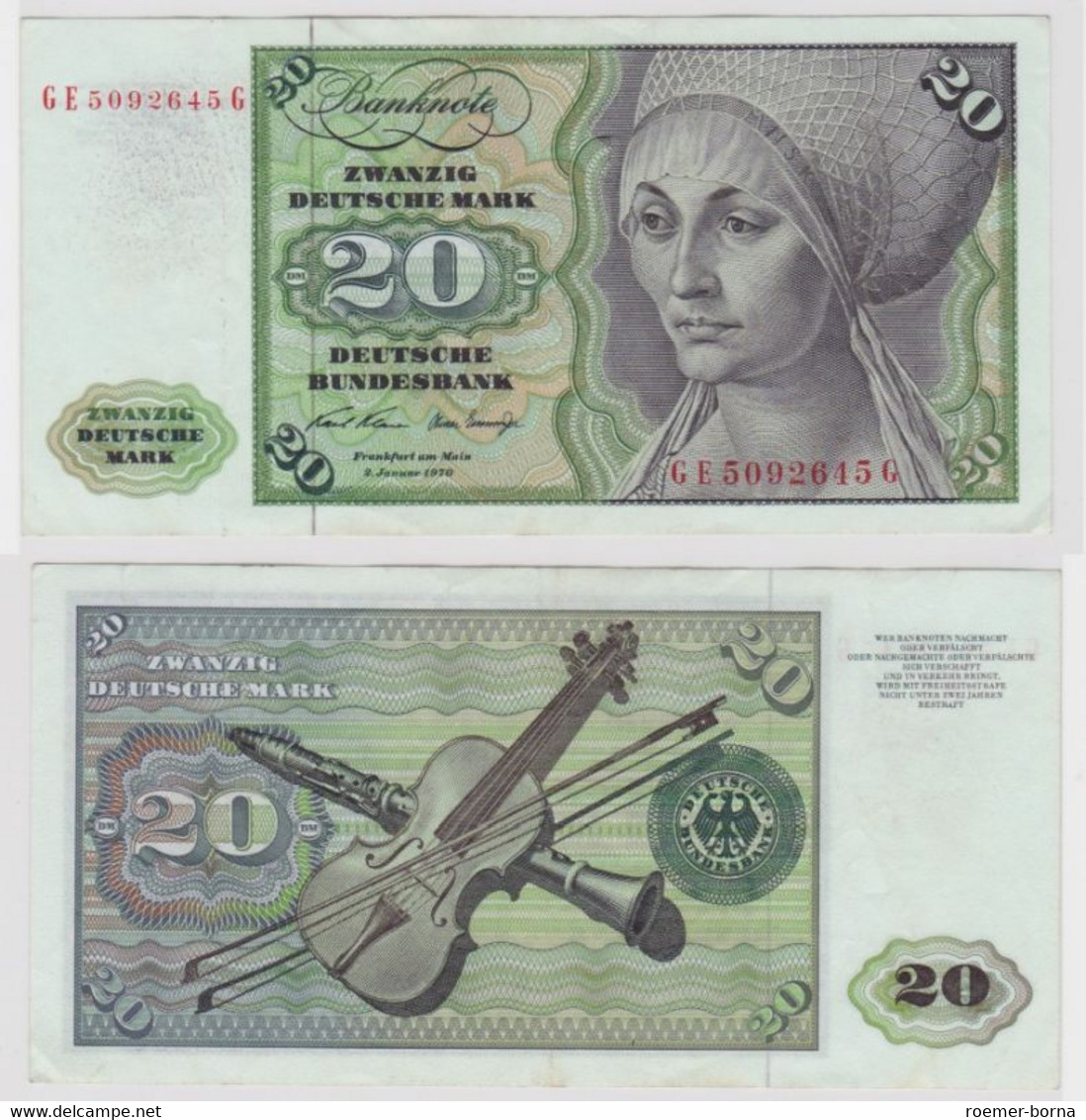 T144629 Banknote 20 DM Deutsche Mark Ro. 271b Schein 2.Jan. 1970 KN GE 5092645 G - 20 Deutsche Mark