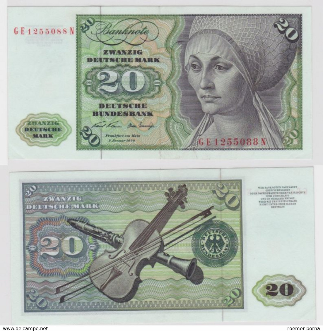 T144643 Banknote 20 DM Deutsche Mark Ro. 271b Schein 2.Jan. 1970 KN GE 1255088 N - 20 Deutsche Mark