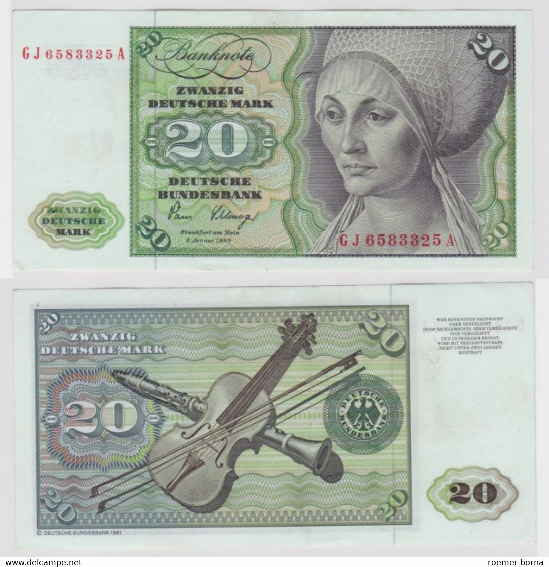 T144653 Banknote 20 DM Deutsche Mark Ro. 287a Schein 2.Jan. 1980 KN GJ 6583325 A - 20 DM