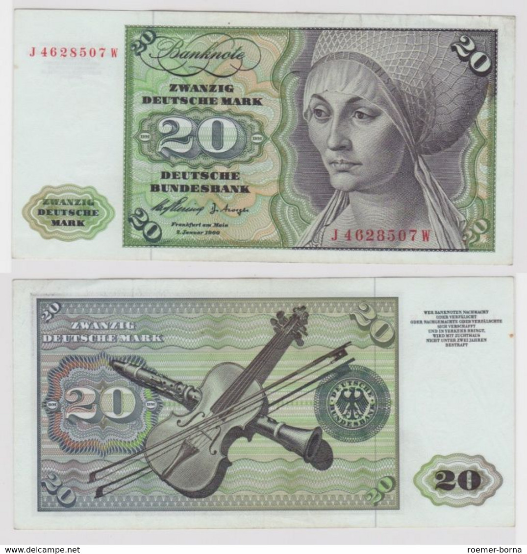 T144658 Banknote 20 DM Deutsche Mark Ro. 264c Schein 2.Jan. 1960 KN J 4628507 W - 20 Deutsche Mark