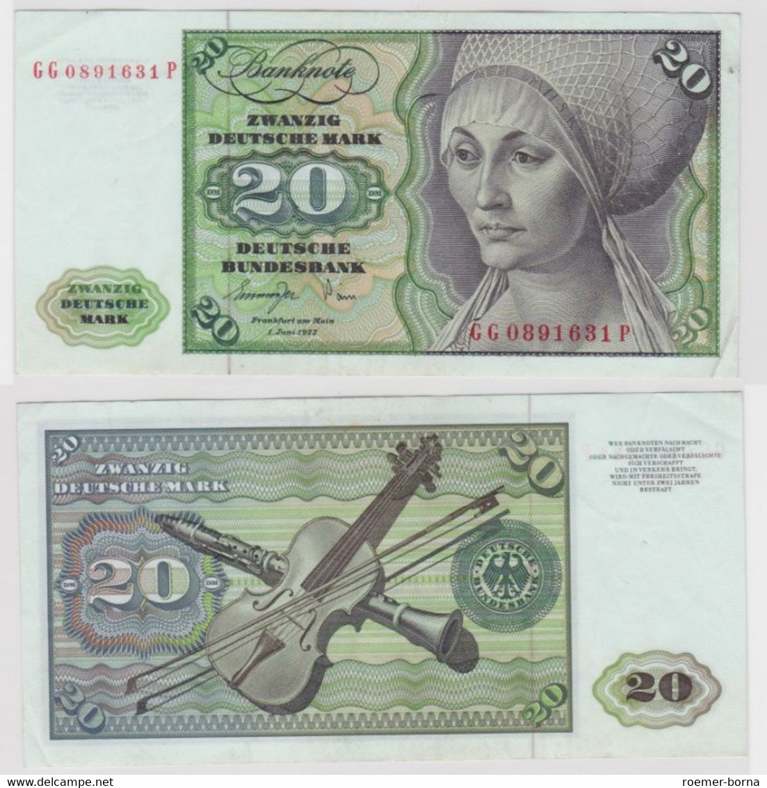 T144710 Banknote 20 DM Deutsche Mark Ro. 276a Schein 1.Juni 1977 KN GG 0891631 P - 20 Deutsche Mark