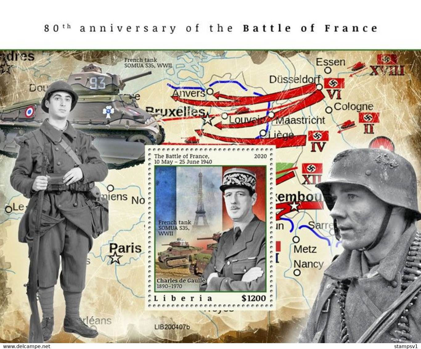 Liberia 2020 80th Anniversary Of The Battle Of France. General De Gaulle. (407b) OFFICIAL ISSUE - De Gaulle (General)