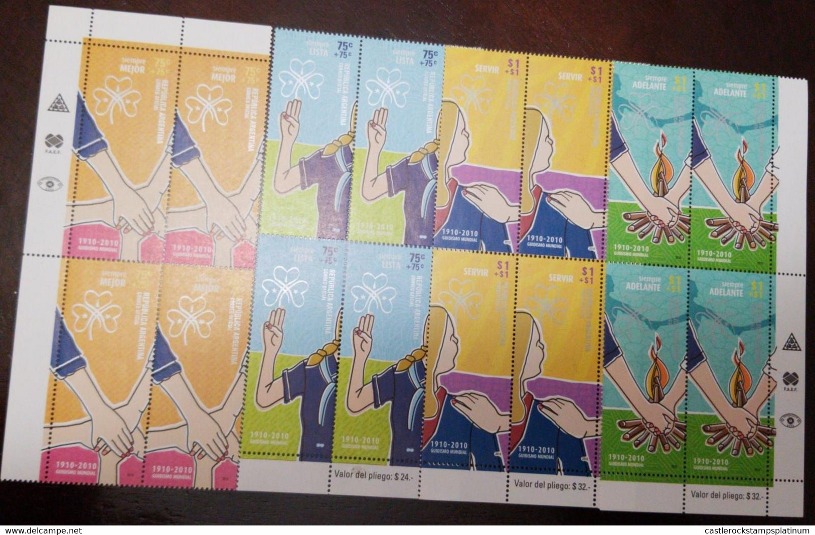 A) 2010, ARGENTINA, SCOUTS, MNH, ALWAYS IMPROVING, ALWAYS READY, SERVE, FORWARD, 4 BLOCK OF 4 - Nuevos
