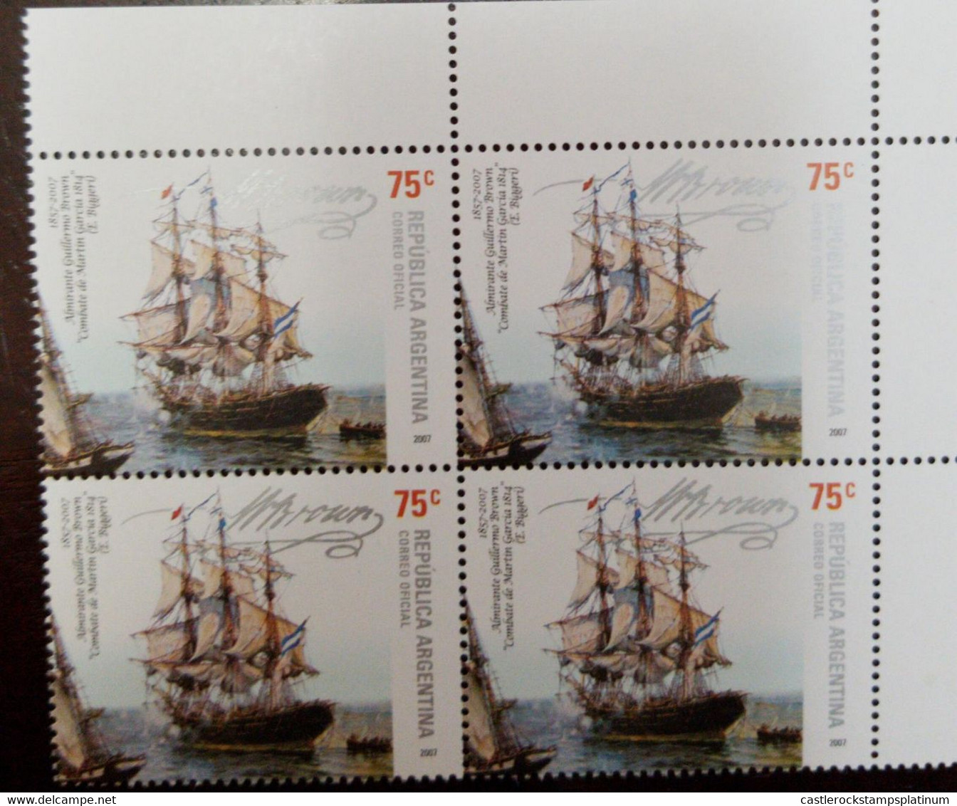 A) 2007, ARGENTINA, SAILBOAT, MNH, ANNIVERSARY OF THE DEATH OF ADMIRAL GUILLERMO BROWN, BLOCK OF 4 - Other & Unclassified