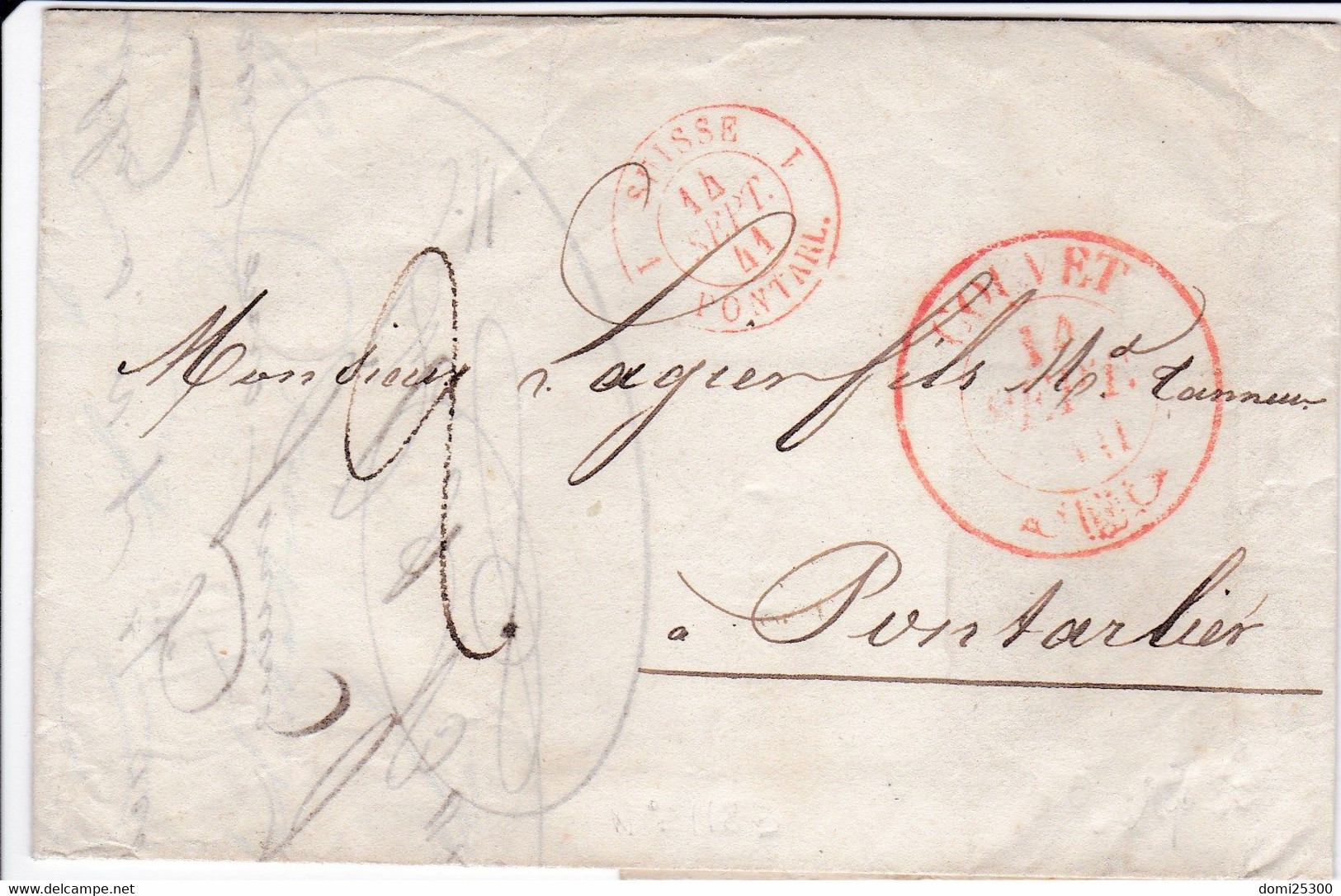 LETTRE DE SUISSE- MARQUE D’ENTREE ROUGE « SUISSE 1 PONTARL.1 » (1841) - Marques D'entrées