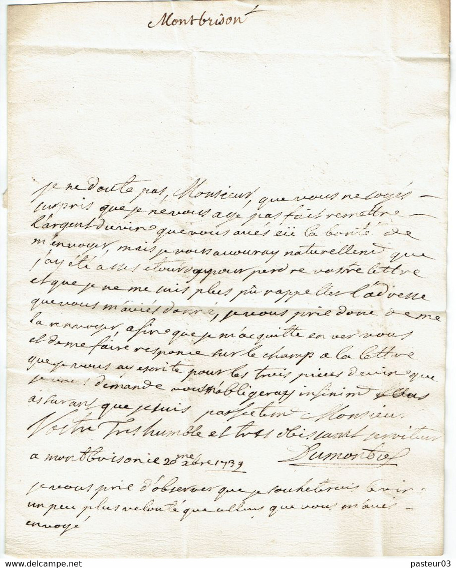 Montbrison Lettre Pour Beaune De 1739 - 1701-1800: Precursori XVIII