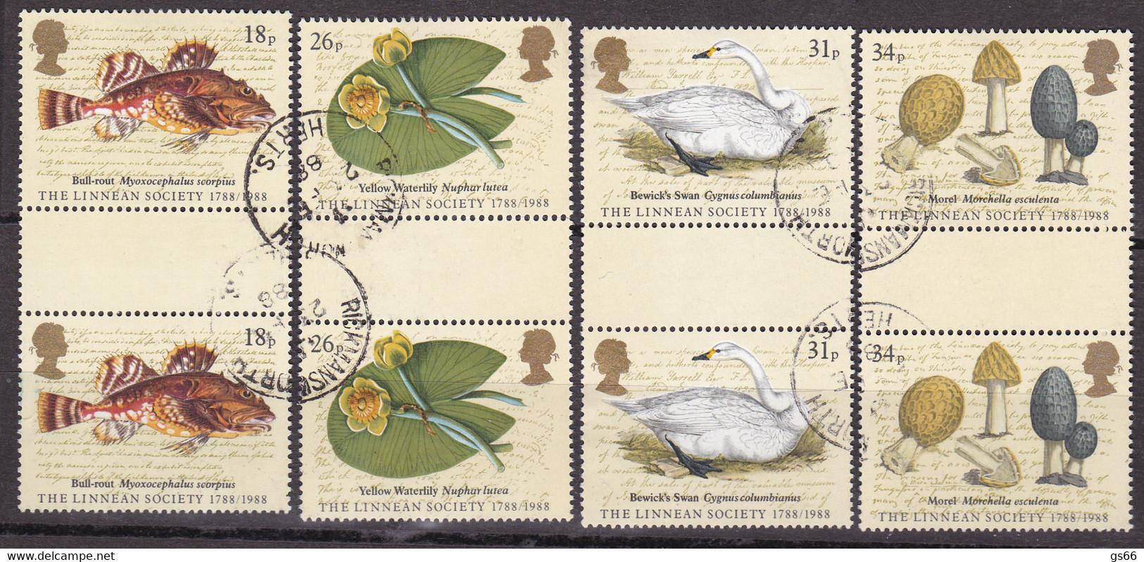 GB, 1988,  Mi. 1131/34, Used,  Linné Society,  Set Of Gutter Pairs. - Oblitérés