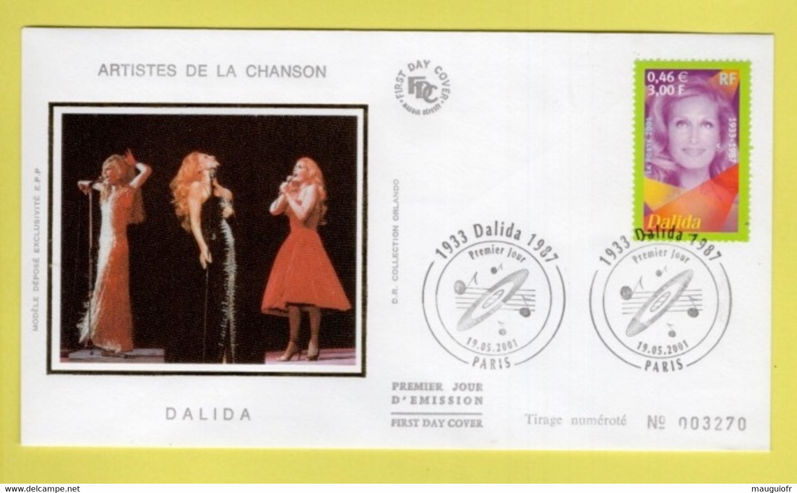 FRANCE / CÉLÉBRITÉS CHANTEURS / FDC DU TP 3394 DALIDA / CACHET PREMIER JOUR 19.05.2001 PARIS - Singers