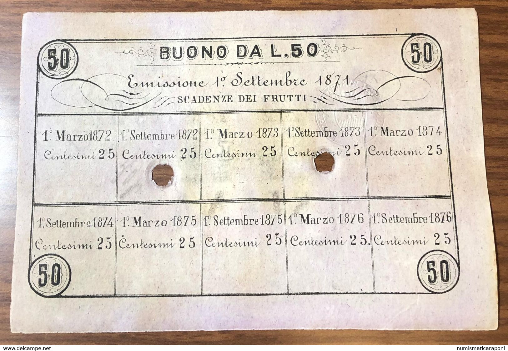 MONTE DEI PASCHI DI SIENA 50 LIRE NON EMESSO BUONO DI CASSA 01/09/1871 QFDS Lotto 3194 - Biglietti Consorziale