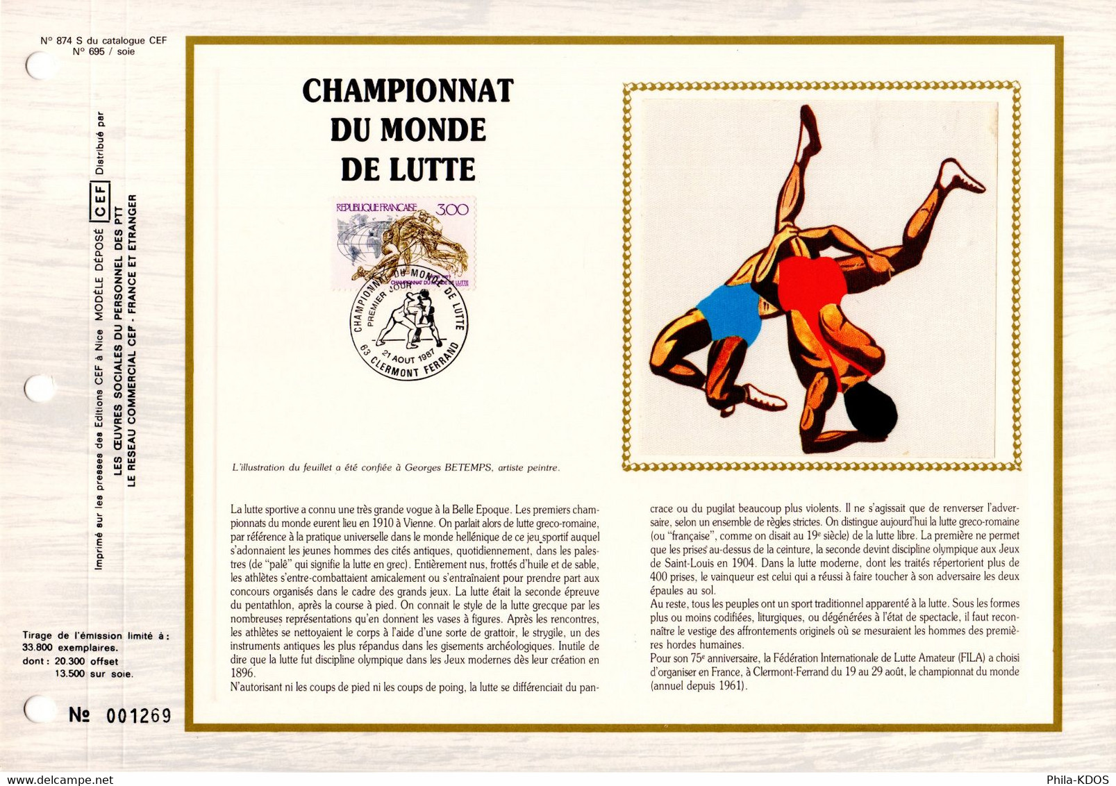" CHAMPIONNATS DU MONDE DE LUTTE " Sur Feuillet CEF 1er Jour Sur Soie De 1987. N° YT 2482. FDC - Lotta