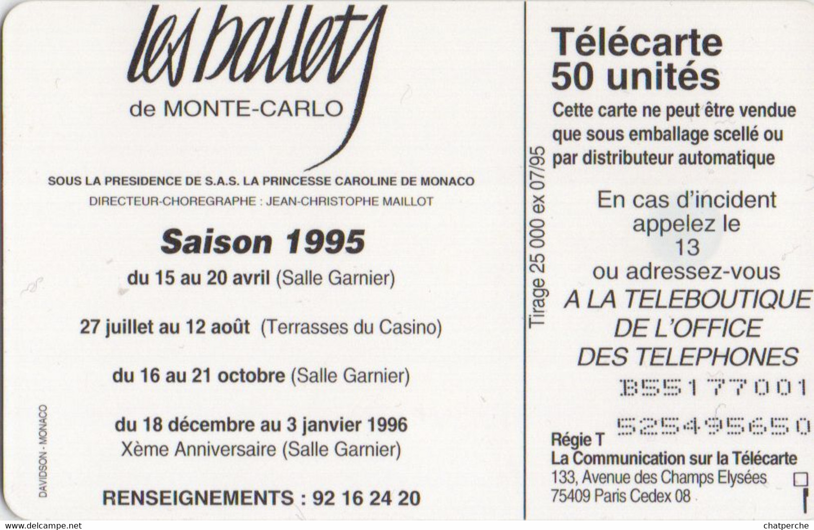 TÉLÉCARTE PHONECARD MONACO LES BALLETS DE MONACO 50 UNITÉS  UTILISÉE DANSE 1995 - Monace