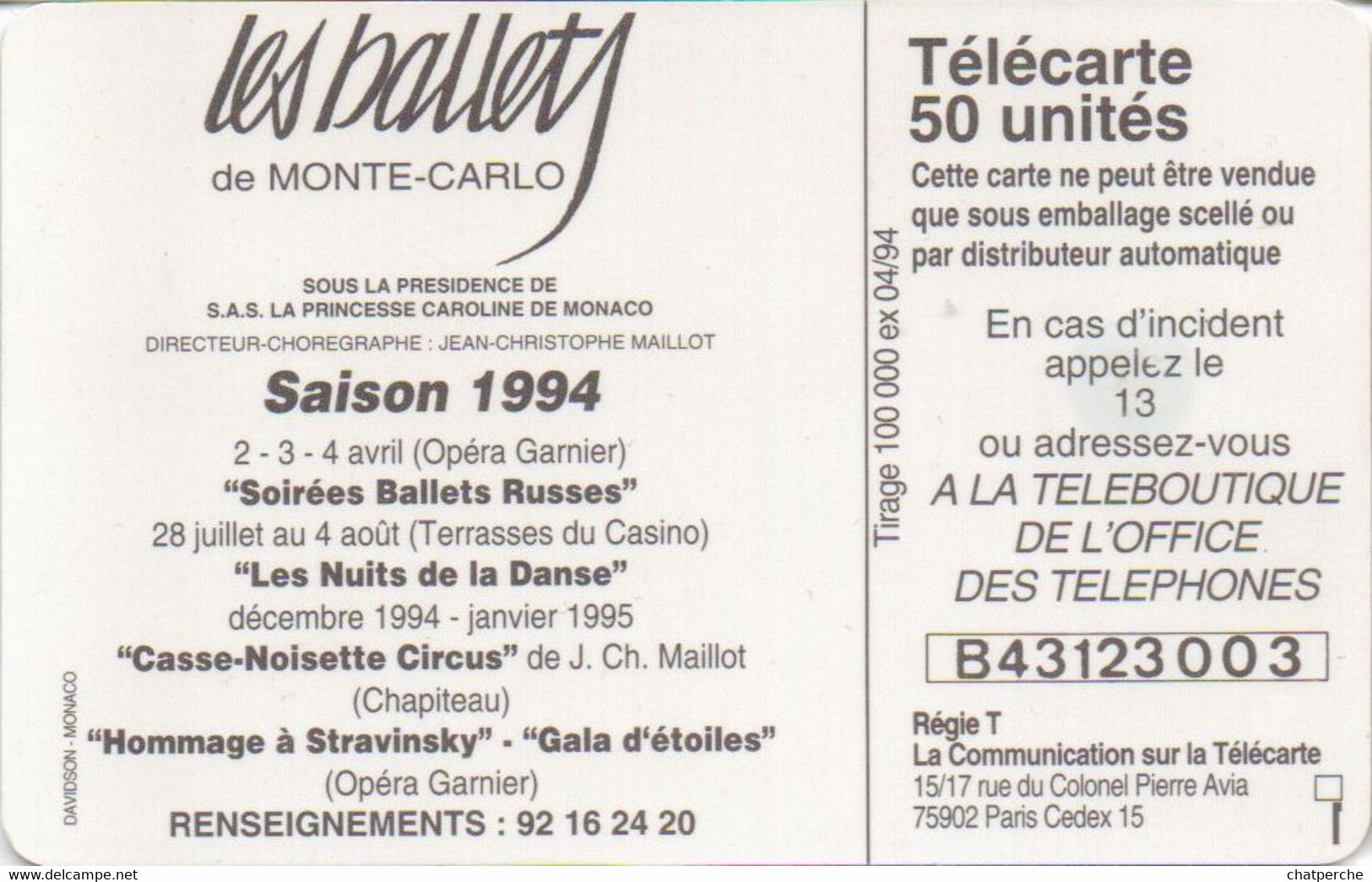 TÉLÉCARTE PHONECARD MONACO LES BALLETS DE MONACO 50 UNITÉS  UTILISÉE DANSE 1994 - Monace