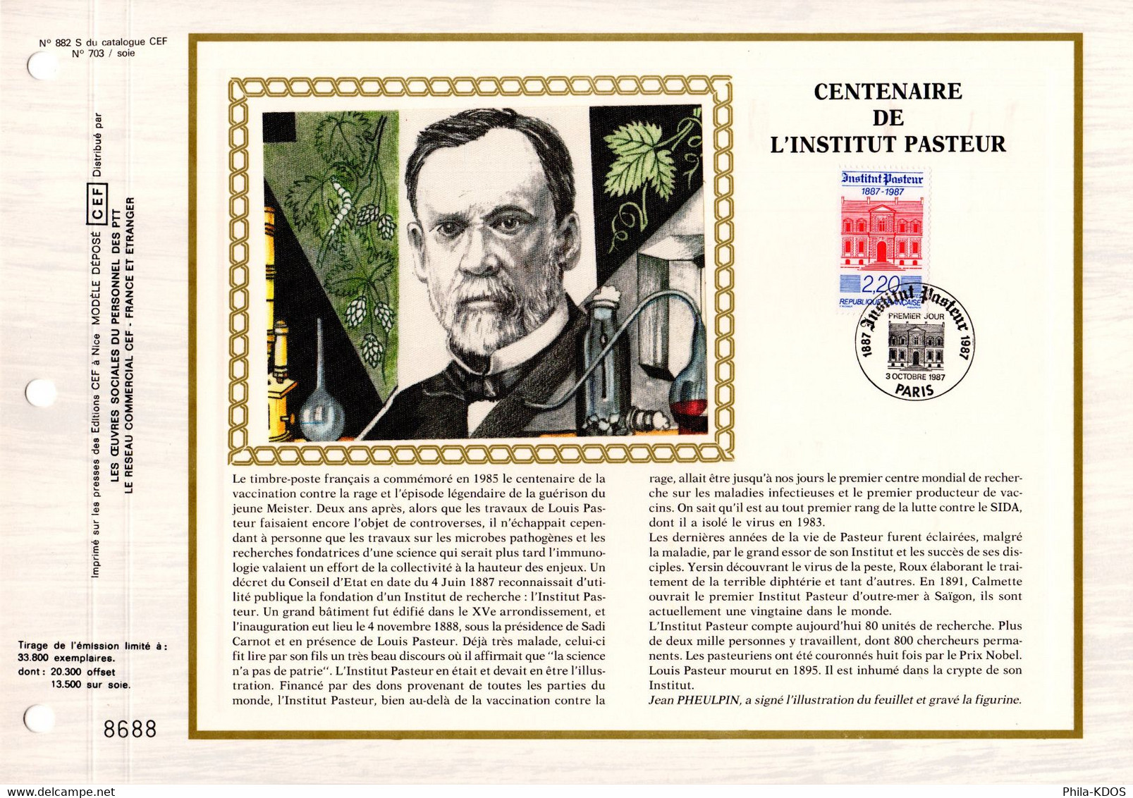 " 100 ANS DE L'INSTITUT LOUIS PASTEUR " Sur Feuillet CEF 1er Jour Sur Soie De 1987. N° YT 2496. FDC - Louis Pasteur
