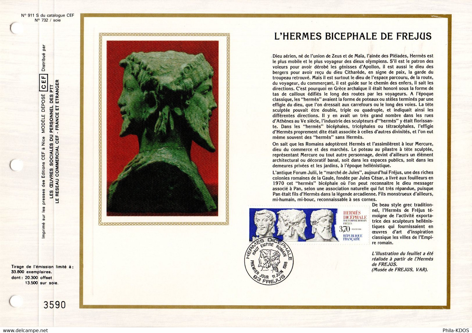 " L'HERMES BICEPHALE DE FREJUS " Sur Feuillet CEF 1er Jour Sur Soie De 1988. N° YT 2548. FDC - Mitología