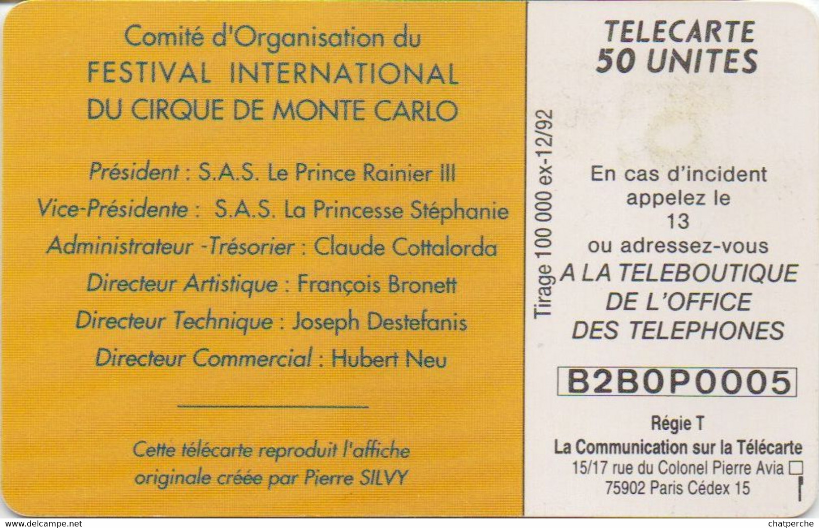 TÉLÉCARTE PHONECARD MONACO FESTIVAL INTERNATIONAL DE CIRQUE 1992  50 UNITÉS  UTILISÉE - Monaco