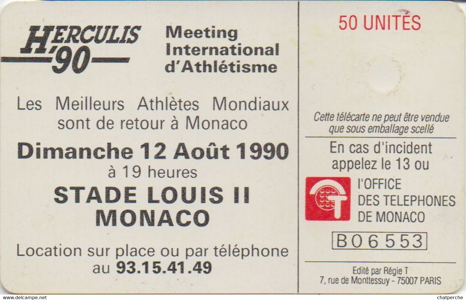 TÉLÉCARTE PHONECARD MONACO HERCULIS 90 ATHLÉTISME COURSE HAIES 50 UNITÉS  UTILISÉE - Monaco