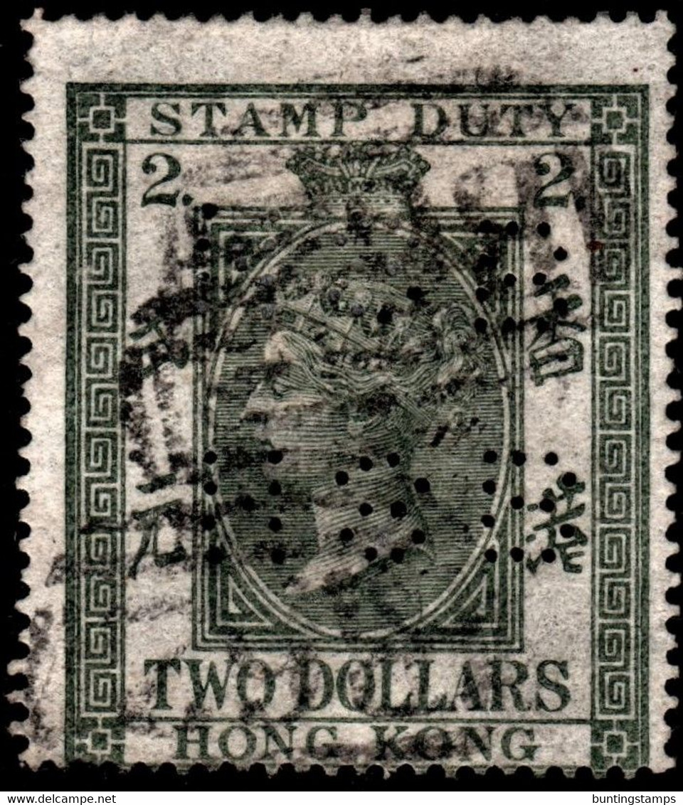 Hong Kong 1874 F1 $2 Olive-green P15½x15 Wmk Crown CC Used B62 Cancel  Perfin NSB NSB - Post-fiscaal Zegels
