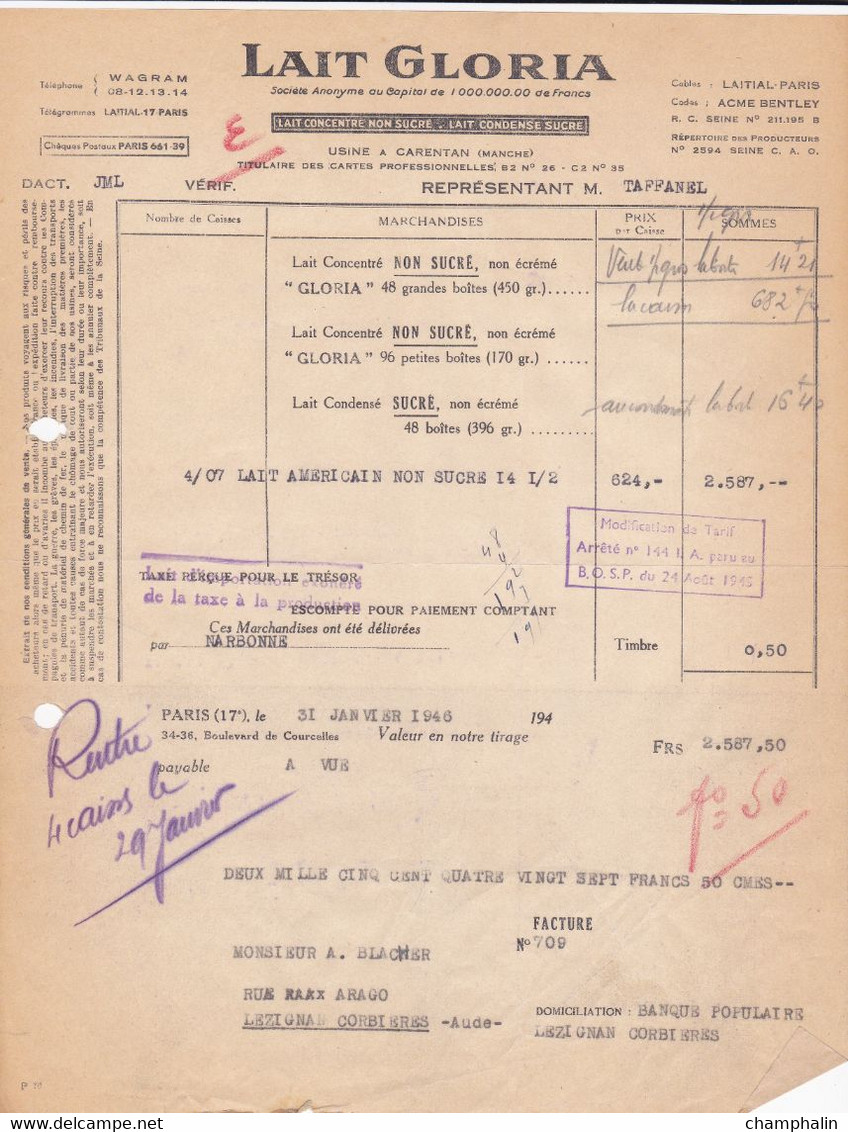 Facture De Paris (75) Pour Lézignan-Corbières (11) - 31 Janvier 1946 - Lait Gloria - Usine à Carentan (50) - Lebensmittel