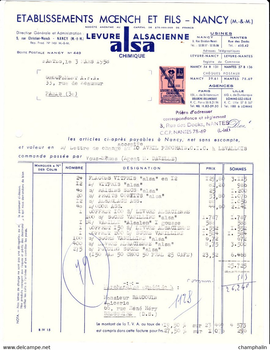 Lot 2 Factures De Nancy (54) Pour Bressuire (79) - 1952 & 1958 - Ets Moench & Fils - Levure Alsa - Usine De Nantes (44) - Food