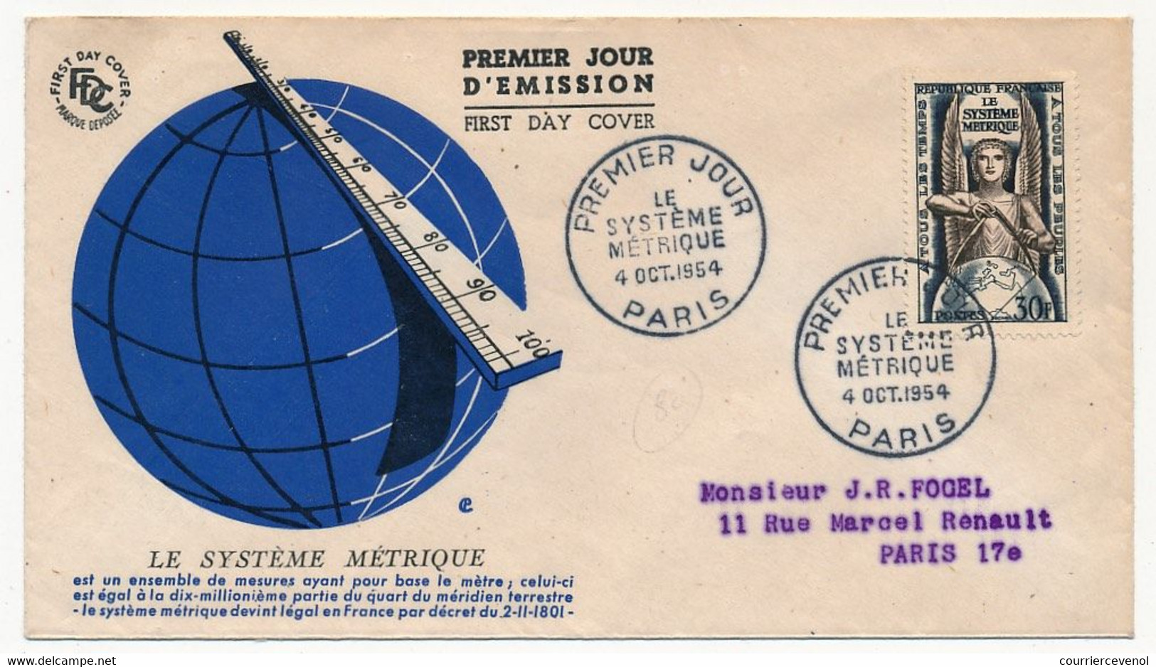 FRANCE - Enveloppe FDC - 30F Système Métrique - 4 Octobre 1954 PARIS - 1950-1959