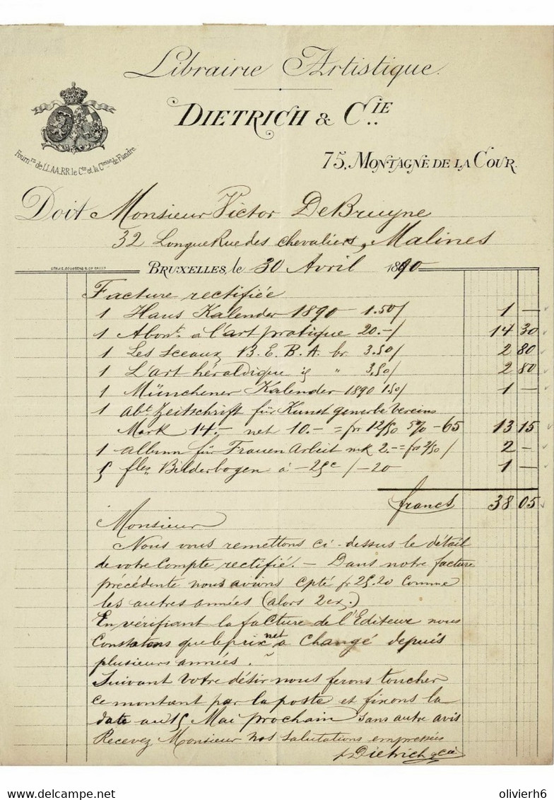 VP FACTURE BELGIQUE 1890 (V2030) DIETRICH & Cie (1 Vue) Librairie Artistique Bruxelles Montagne De La Cour 75 - 1800 – 1899