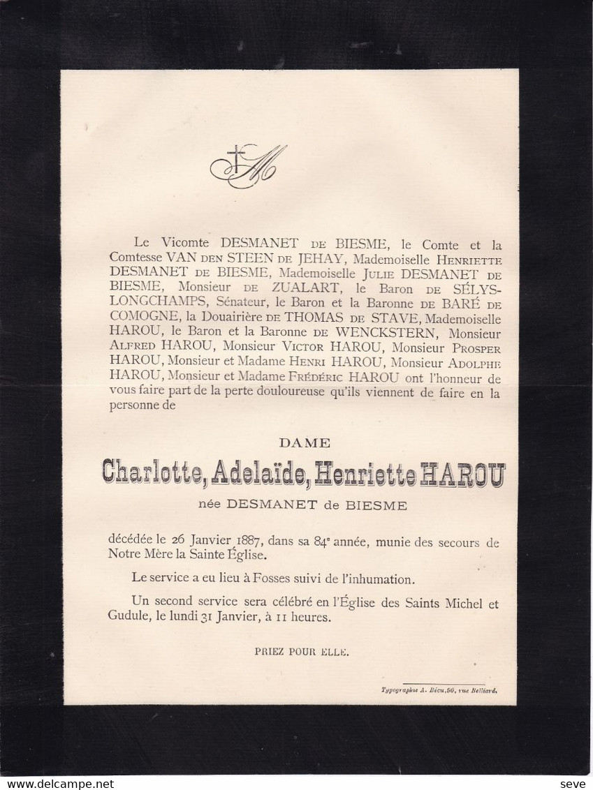 FOSSES HAROU Charlotte Née DESMANET De BIESME 84 Ans 1887 Familles De ZUALART Van Den STEEN De JEHAY SELYS-LONGCHAMPS - Obituary Notices