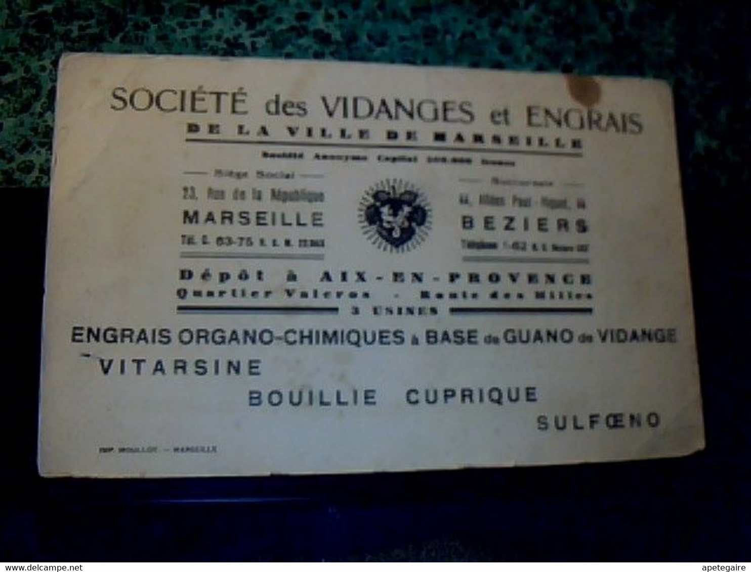 Buvard D'occasion Société Des Vidanges Et Engrais De Marseille  Engrais Organo Chimique A Base De Guano De Vidanges - S