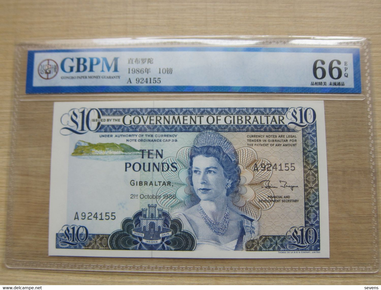 1986 October 21st, 10 Pounds, Elizabeth II, GBPM(China) Graded 66 EPQ, UNC - Gibraltar