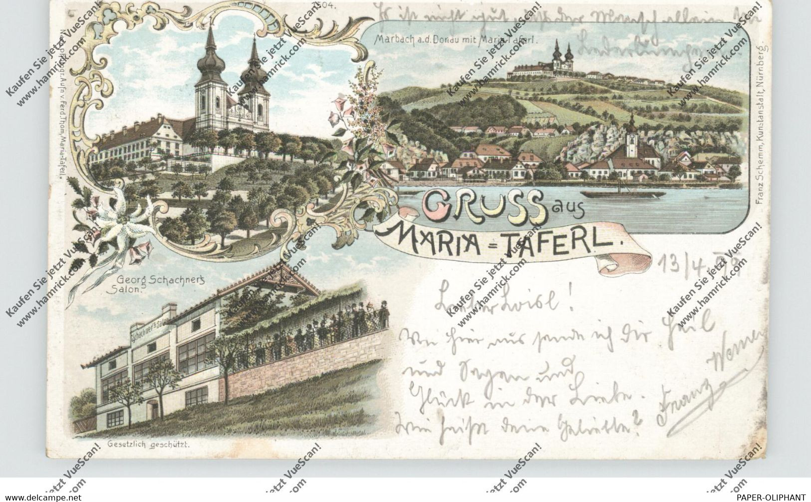 A 3672 MARIA TAFERL, Lithographie 1899, Georg Schachners Salon, Wallfahrtskirche, Marbach - Maria Taferl