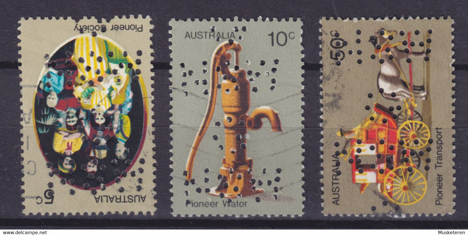 Australia Perfin Perforé Lochung 'G NSW G' 1972 Mi. 504-05, 508 Water Pump Wasserpumpe Horse Carriage Pferd Cheval - Perforadas