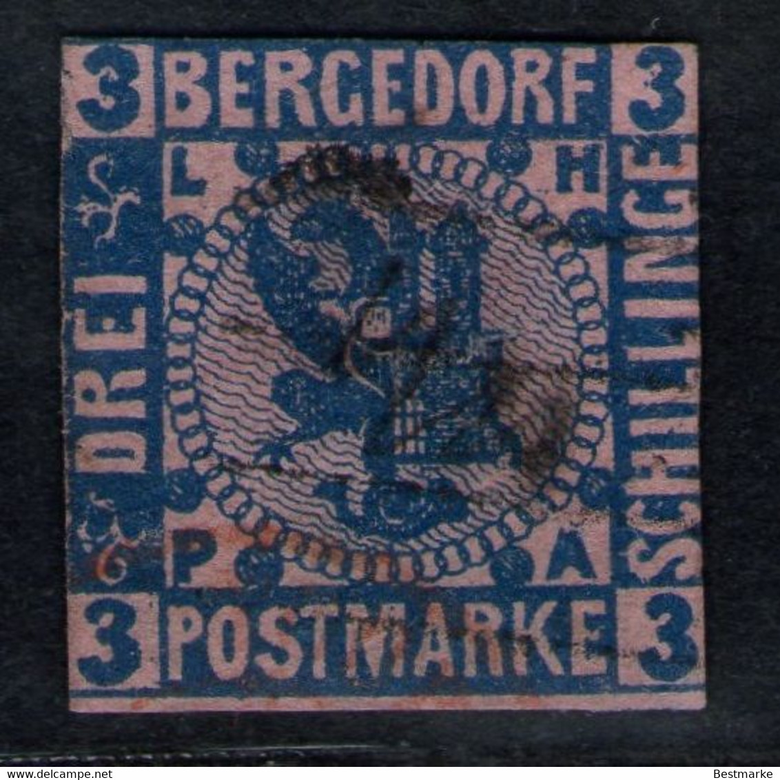 Strichstempel, Roter Stempel Plus Federzug Auf 3 Shilling Rosa - Bergdorf Nr. 4 - Bergedorf