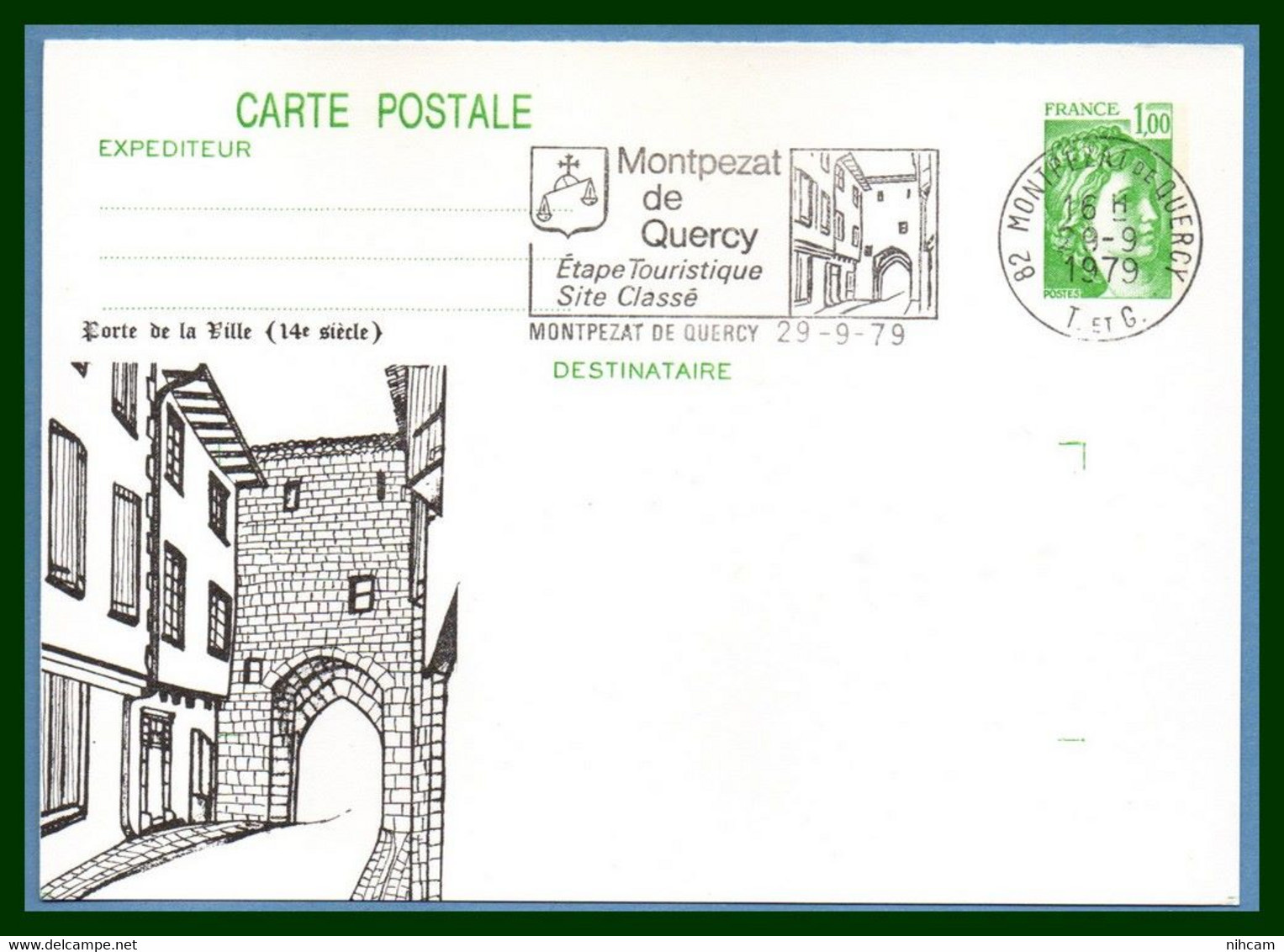 Entier Cp Repiqué MONTPEZAT DE QUERCY 1979 Flamme Etape Touristique TB Porte De La Ville - Montpezat De Quercy